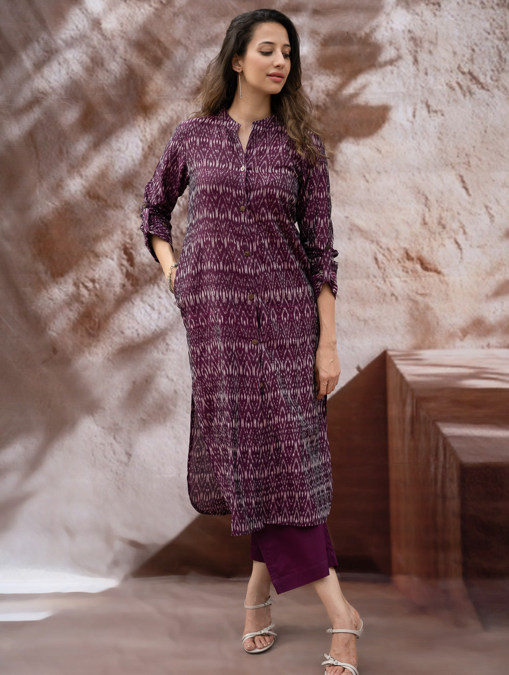 The Work Edit. Light & Soft. Ikat Handwoven Long Shirt - Purple Reverie