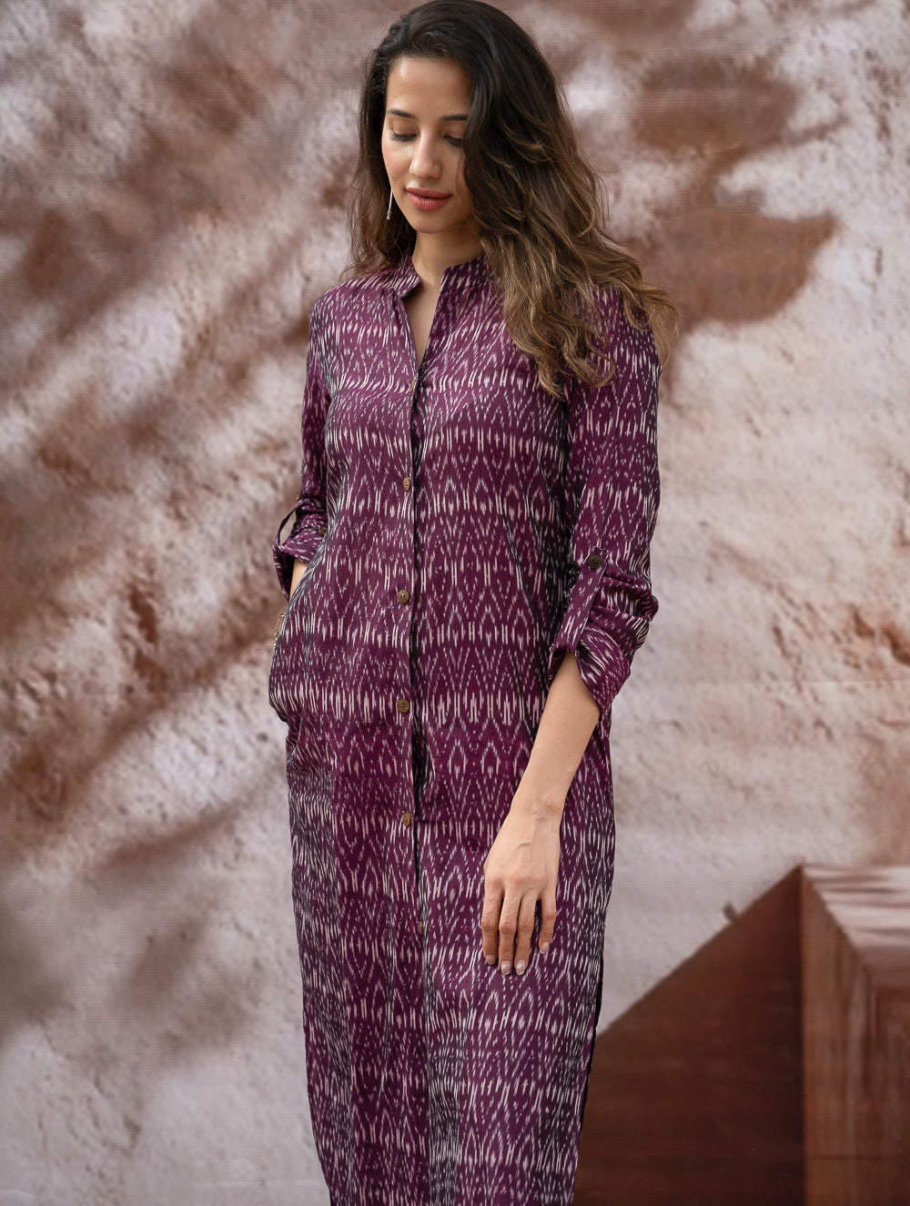 The Work Edit. Light & Soft. Ikat Handwoven Long Shirt - Purple Reverie