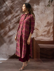 The Work Edit. Light & Soft. Ikat Handwoven Long Shirt - Ruby Stripes