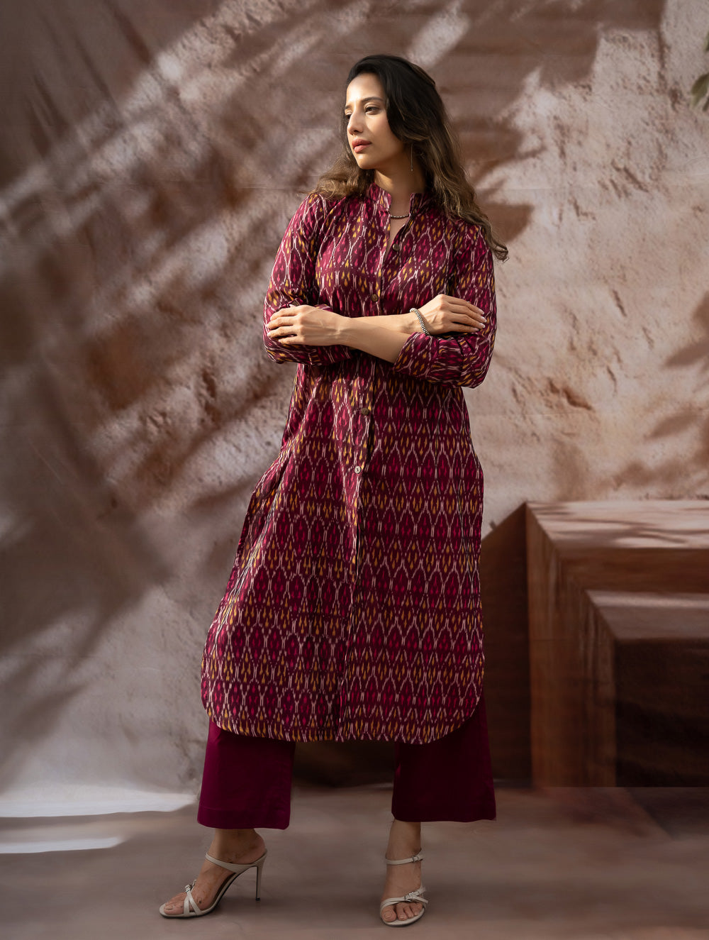 The Work Edit. Light & Soft. Ikat Handwoven Long Shirt - Ruby Stripes