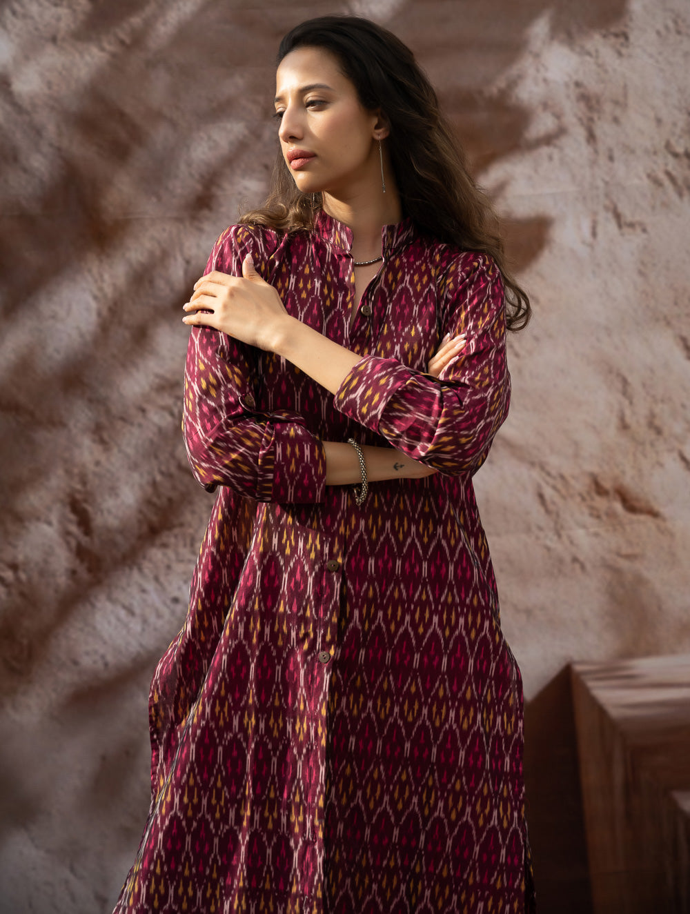 The Work Edit. Light & Soft. Ikat Handwoven Long Shirt - Ruby Stripes