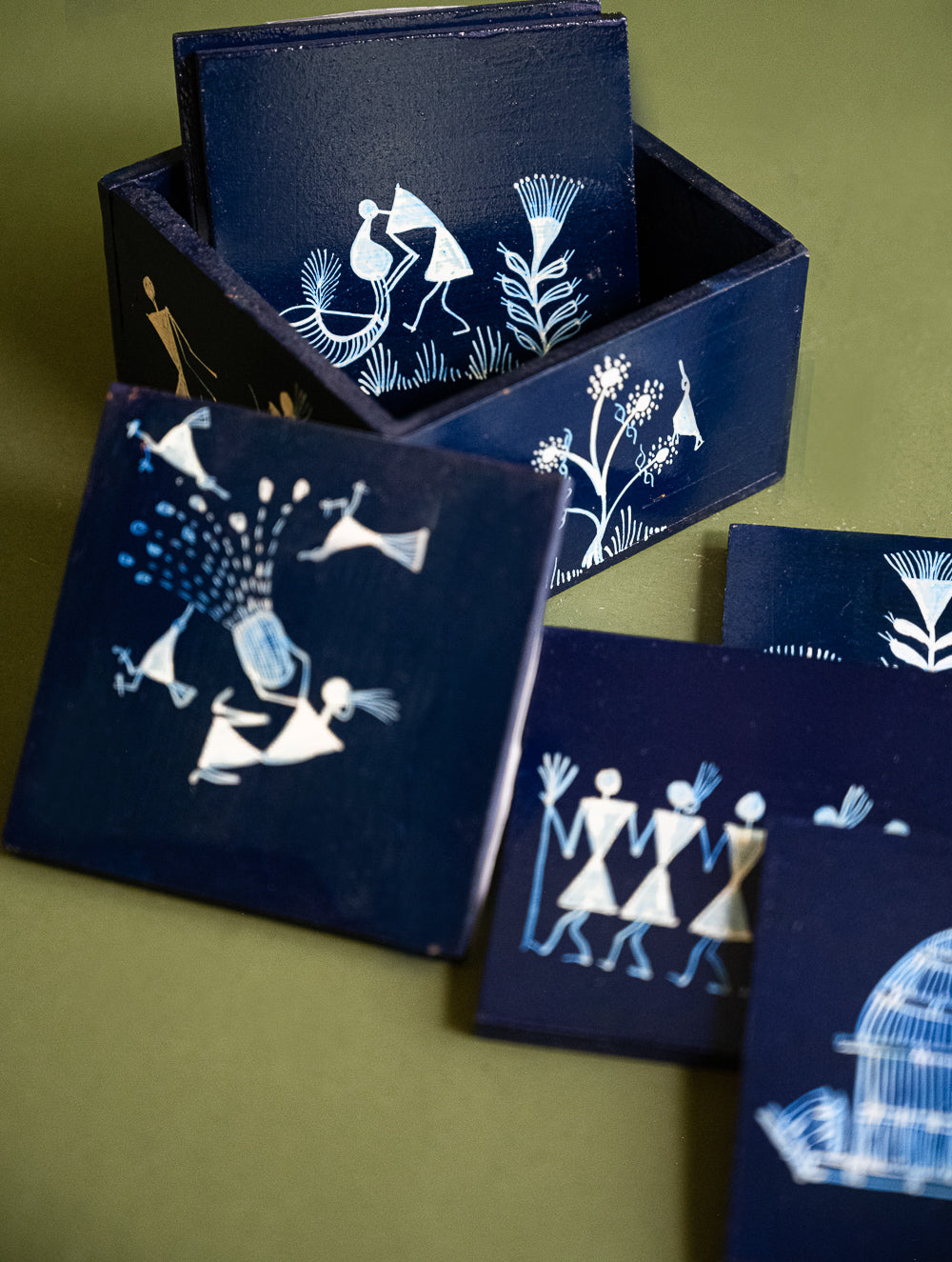 Warli Art Wooden Coaster Set with Box (Set of 6) - Deep Blue Folk Art
