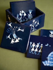 Warli Art Wooden Coaster Set with Box (Set of 6) - Deep Blue Folk Art