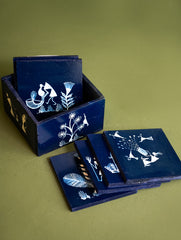 Warli Art Wooden Coaster Set with Box (Set of 6) - Deep Blue Folk Art
