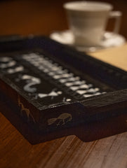 Warli Art Wooden Tray - Black & White Village