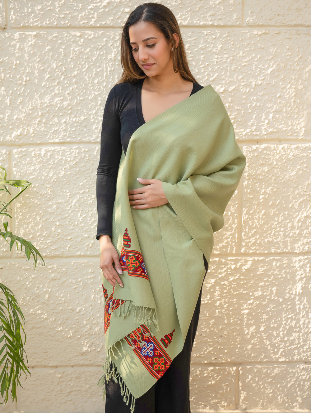 Warm & Cosy Signature Kinnauri Stole - Mist Green