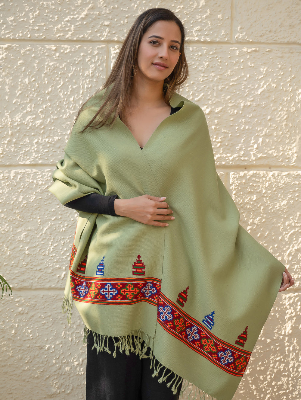 Warm & Cosy Signature Kinnauri Stole - Mist Green