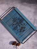 Wood Engraved Floral Tray - Blue Flora