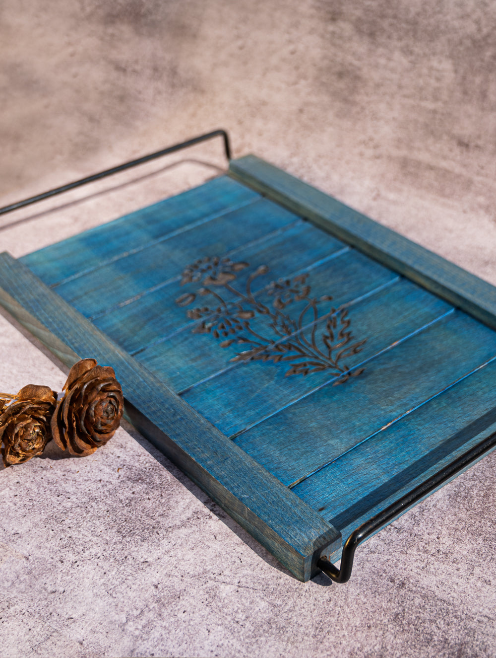 Wood Engraved Floral Tray