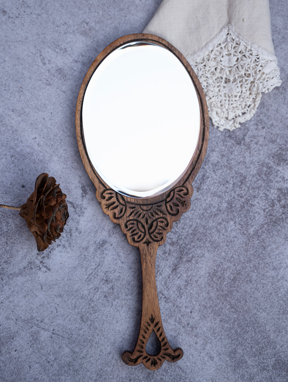 Wood Engraved Hand Mirror- Oval