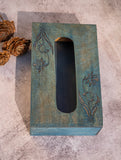Wood Engraved Tissue Box - Blue Flower