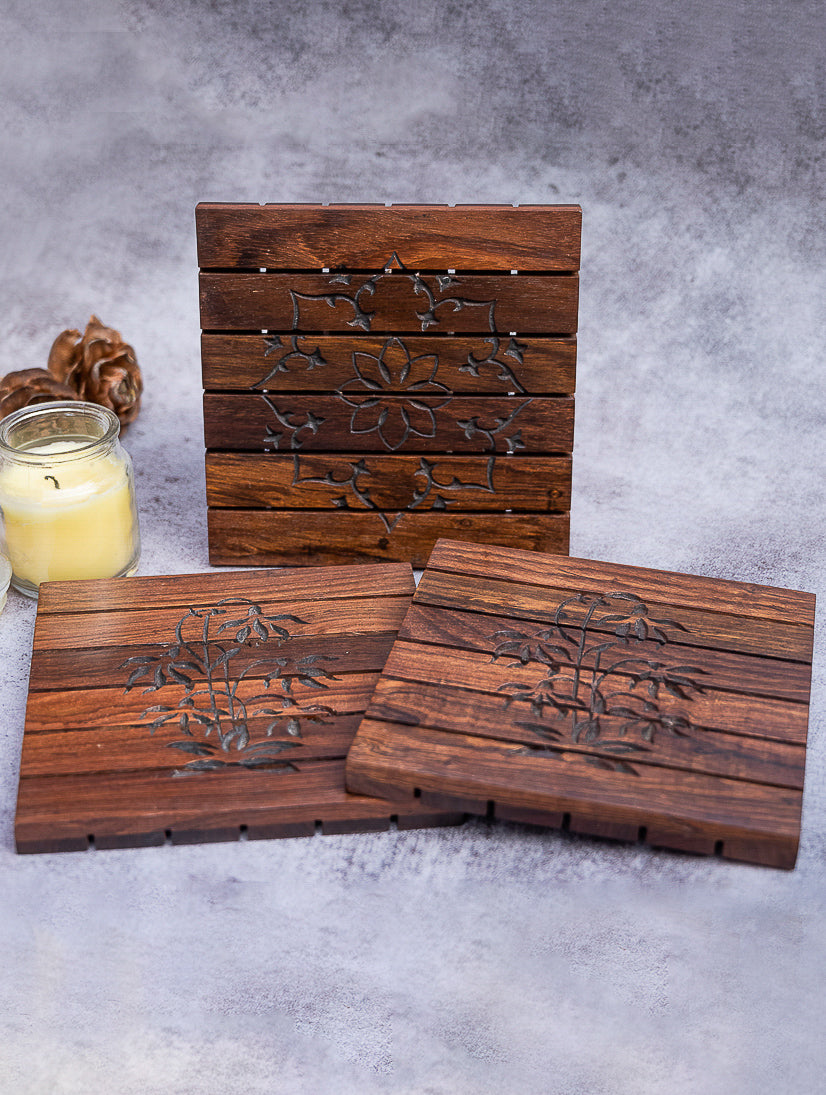 Wood Engraved Square Coaster Set
