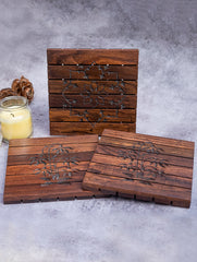 Wood Engraved Square Coaster Set
