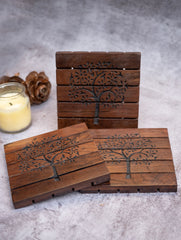 Wood Engraved Square Coaster Set