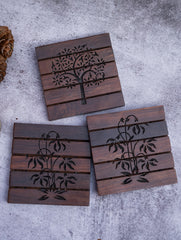 Wood Engraved Square Coaster Set