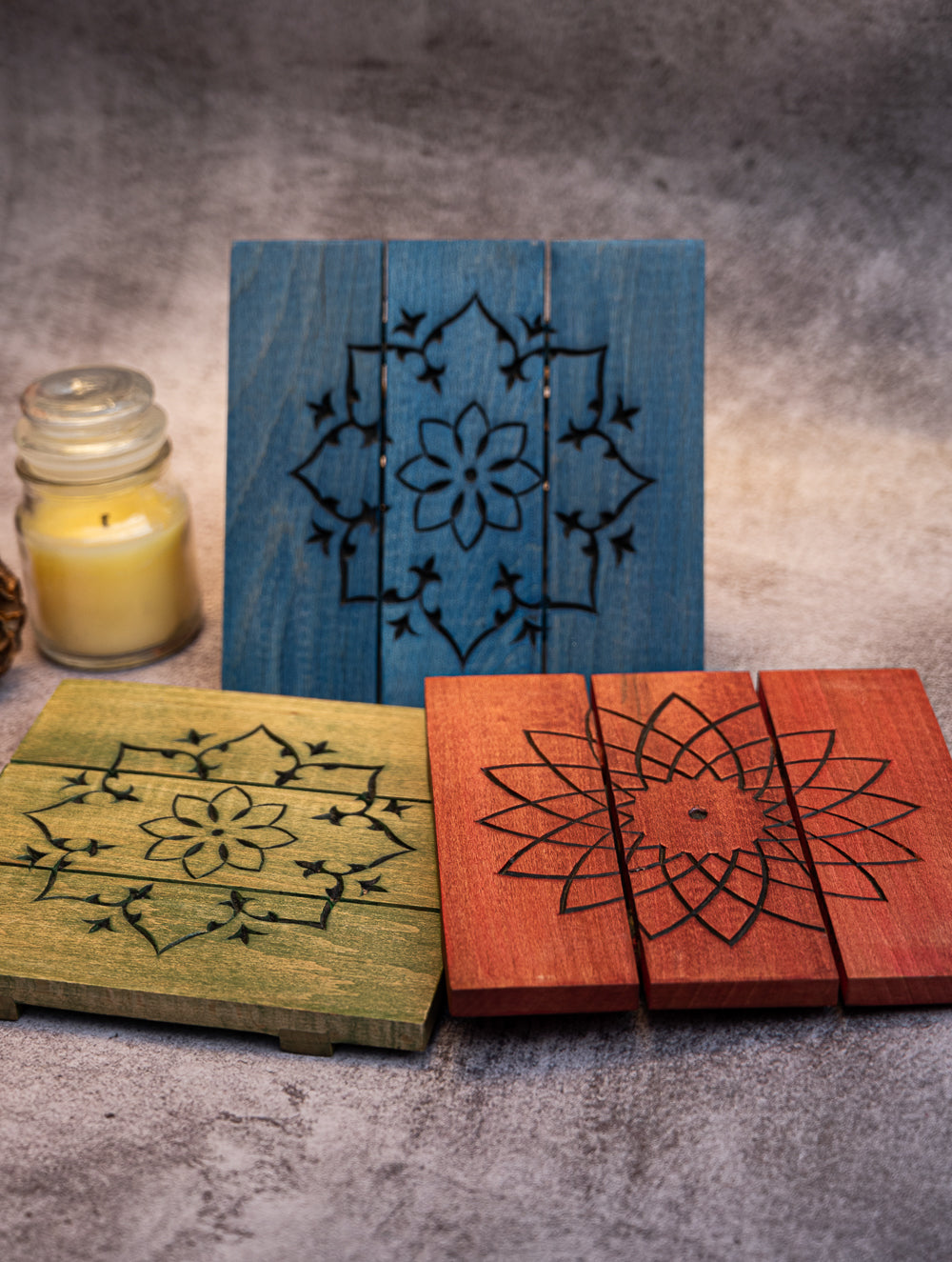 Wood Engraved Square Coaster Set