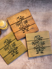 Wood Engraved Square Coaster Set