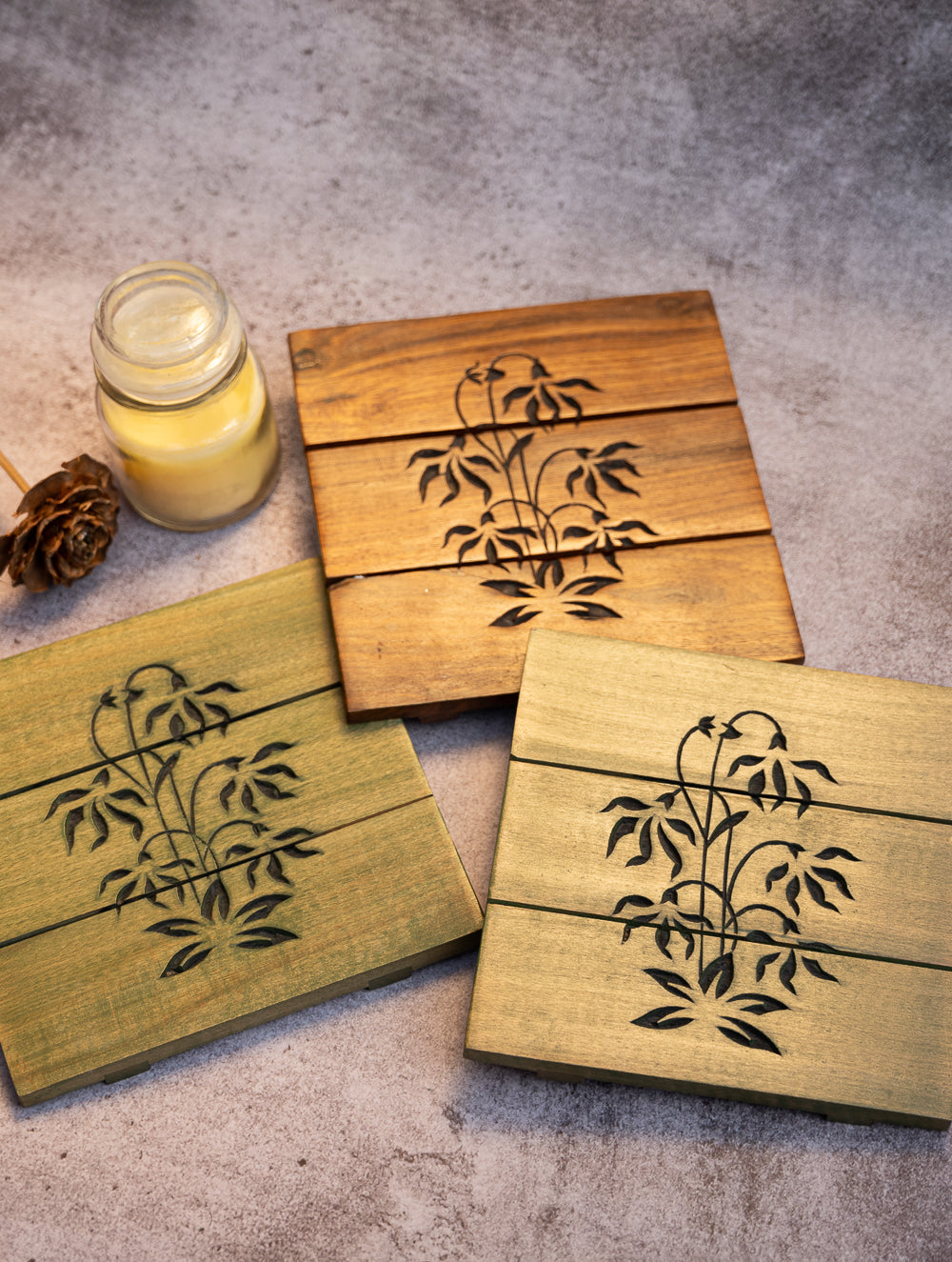 Wood Engraved Square Coaster Set