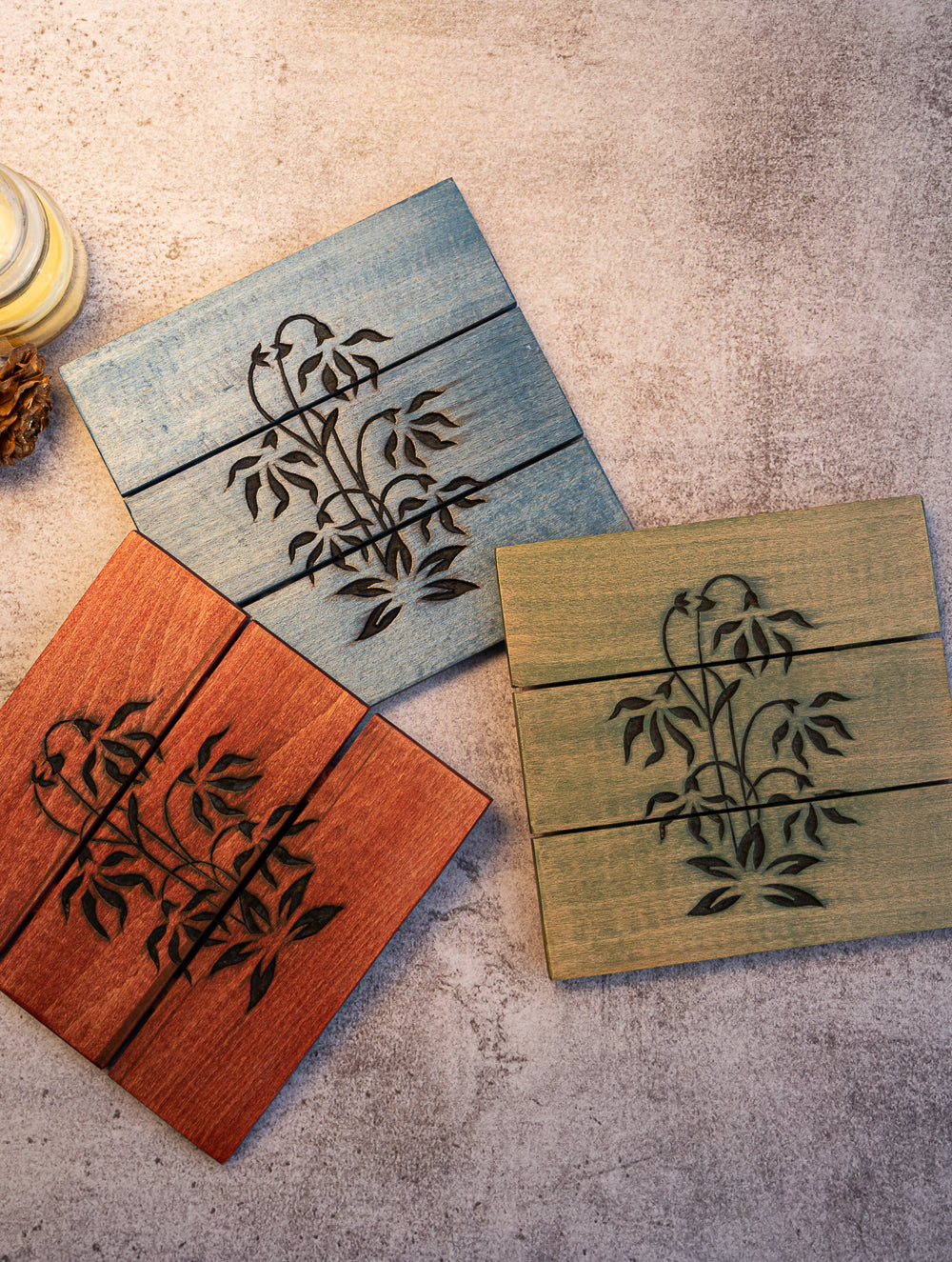 Wood Engraved Square Coaster Set