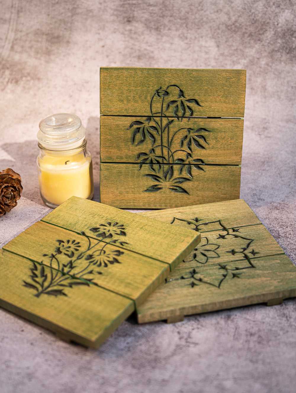 Wood Engraved Square Coaster Set