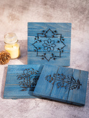 Wood Engraved Square Coaster Set