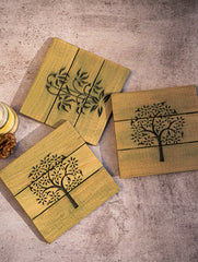 Wood Engraved Square Coaster Set