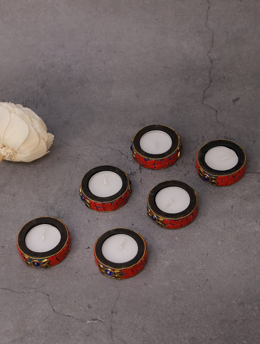 Wood & Resin Tealight Holders (Set of 6) - Red