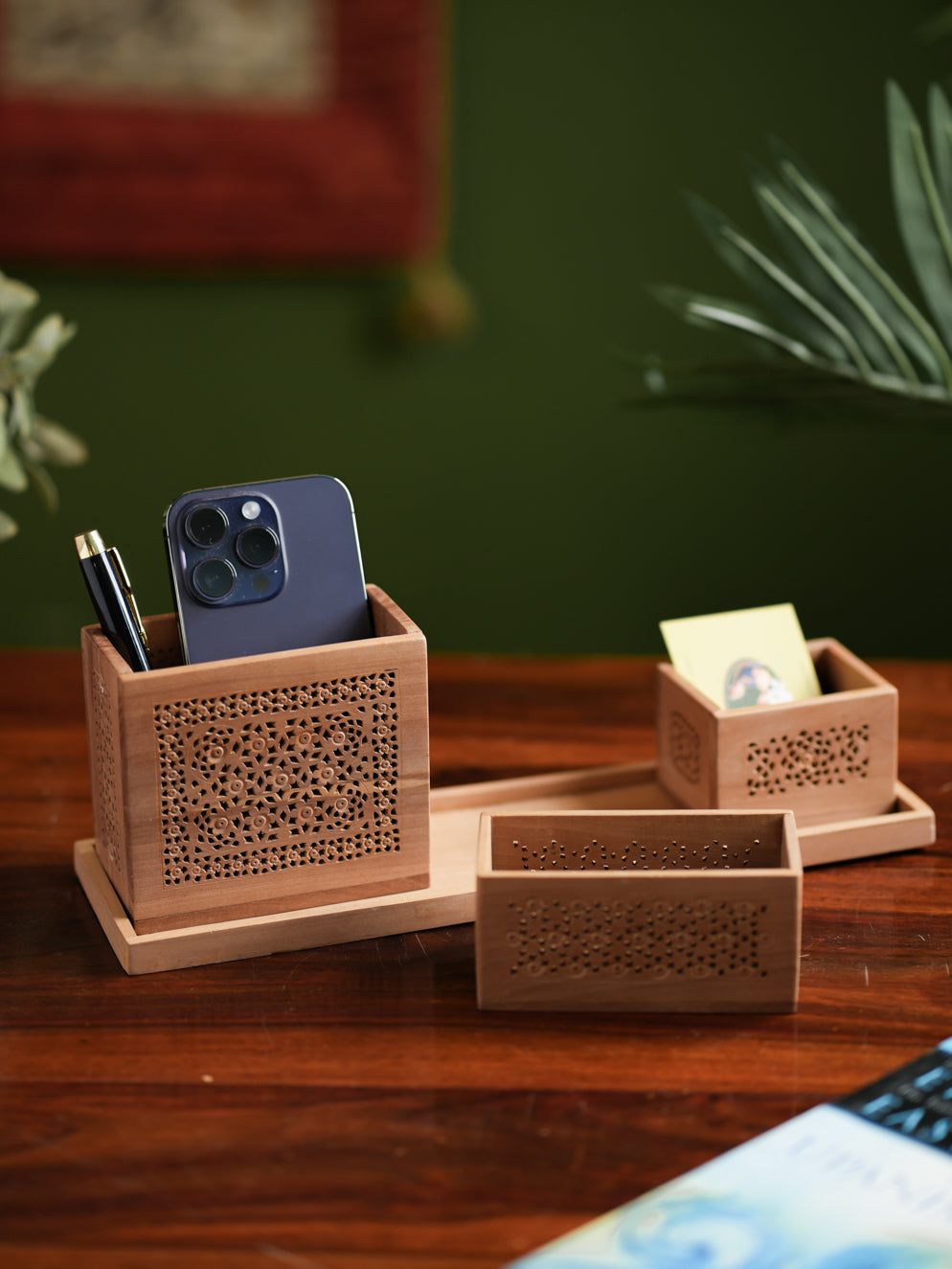 Wooden Jaali Desk Set - Pen Stand Square, Tray & Card Holder & Pin / Key Holder (Set of 4)