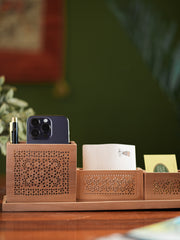 Wooden Jaali Desk Set - Pen Stand Square, Tray & Card Holder & Pin / Key Holder (Set of 4)