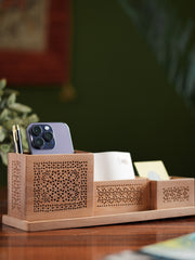 Wooden Jaali Desk Set - Pen Stand Square, Tray & Card Holder & Pin / Key Holder (Set of 4)