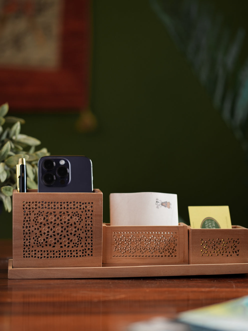 Wooden Jaali Desk Set - Pen Stand Square, Tray & Card Holder & Pin / Key Holder (Set of 4)