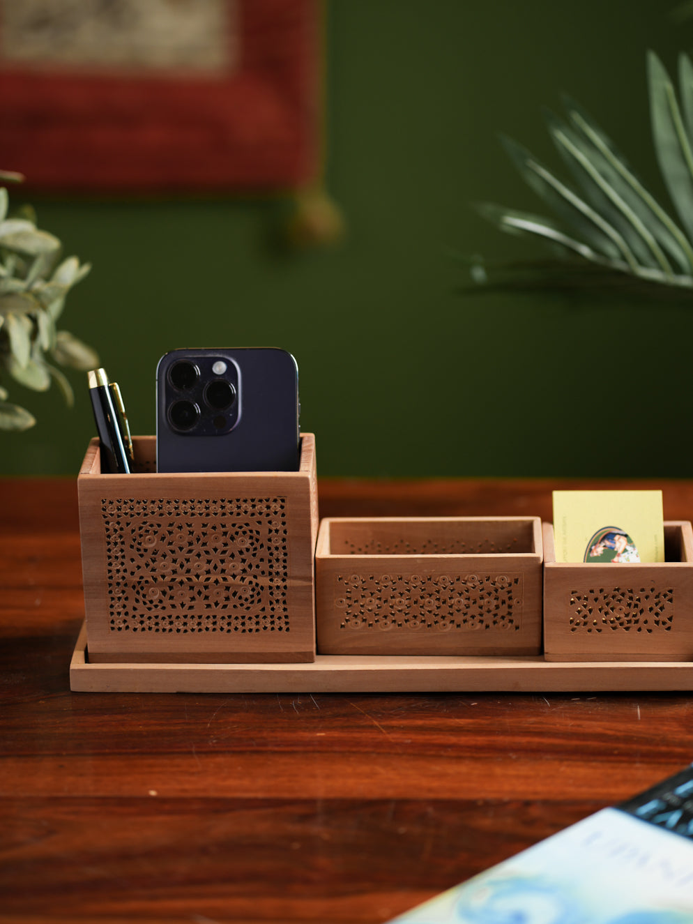 Wooden Jaali Desk Set - Pen Stand Square, Tray & Card Holder & Pin / Key Holder (Set of 4)