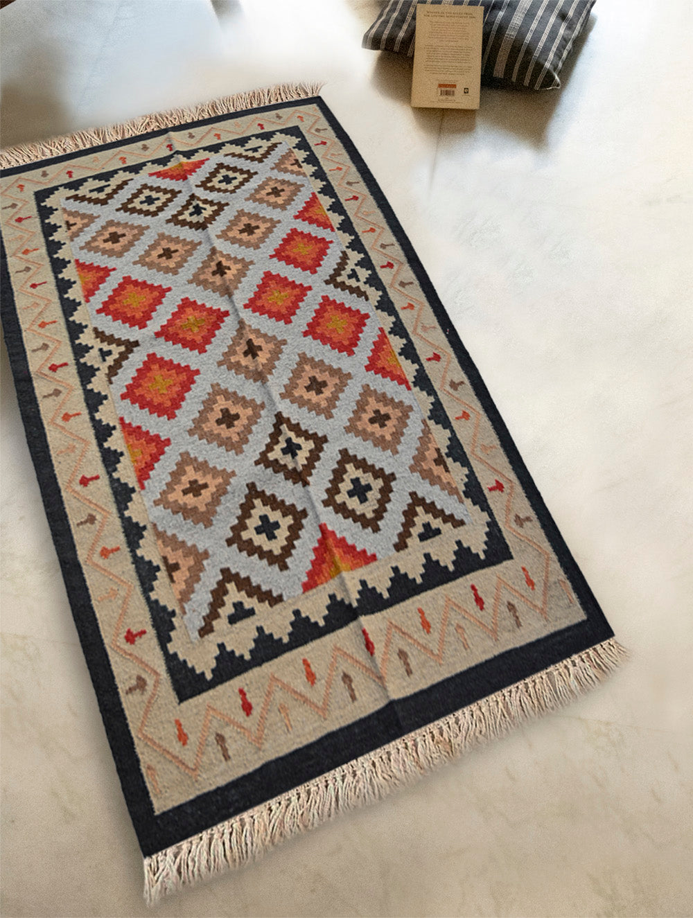 Exclusive Handmade Wool & Cotton Mirzapur Dhurrie Rug - Beige Geometric