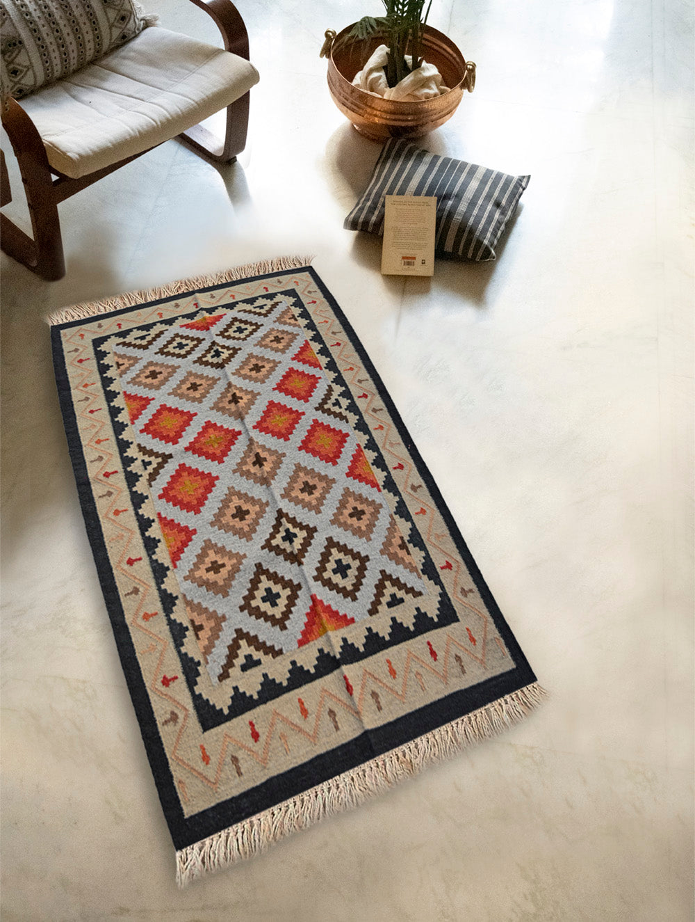 Exclusive Handmade Wool & Cotton Mirzapur Dhurrie Rug - Beige Geometric