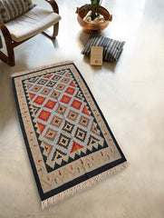 Exclusive Handmade Wool & Cotton Mirzapur Dhurrie Rug - Beige Geometric