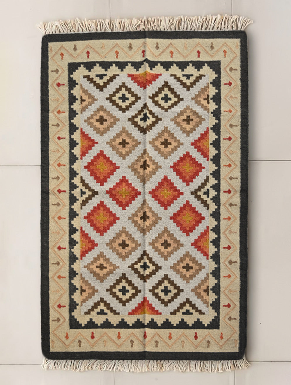 Exclusive Handmade Wool & Cotton Mirzapur Dhurrie Rug - Beige Geometric