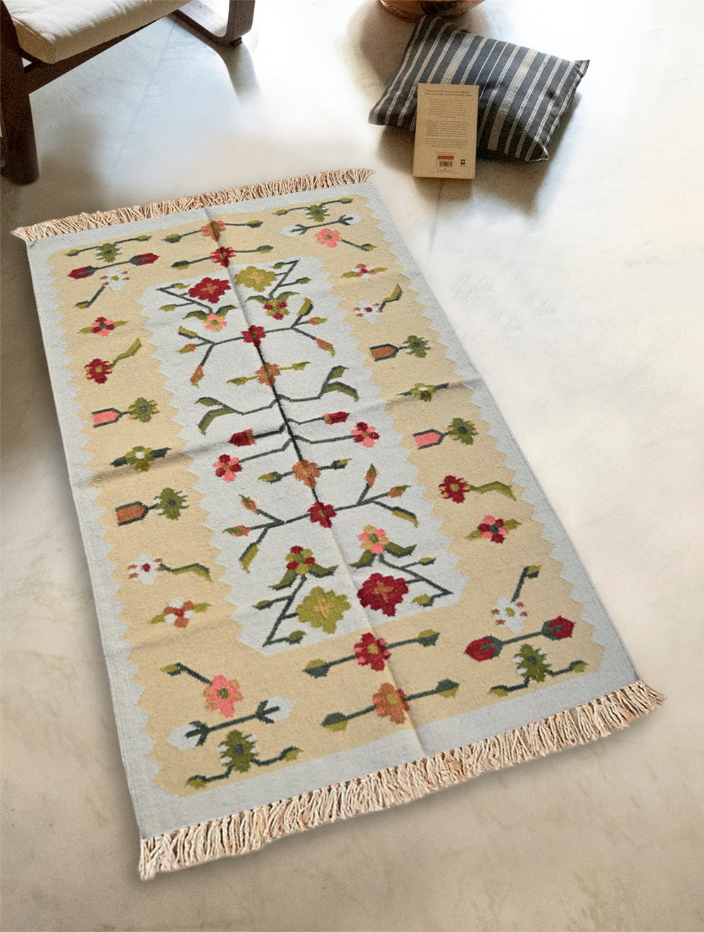 Exclusive Handmade Wool & Cotton Mirzapur Dhurrie Rug - Sunlit Flora