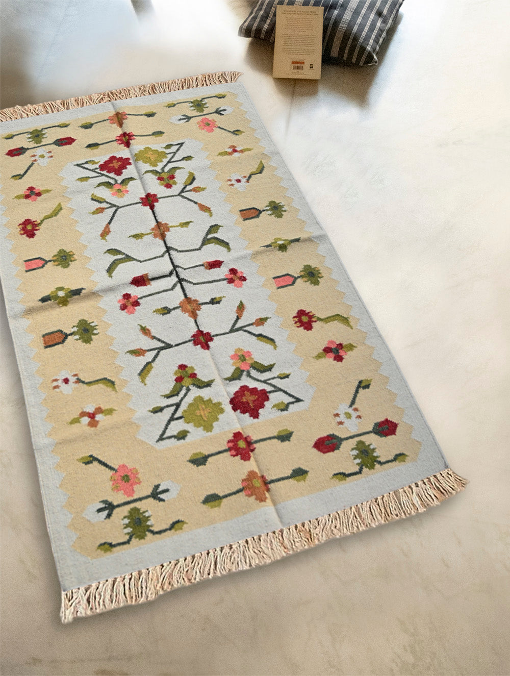 Exclusive Handmade Wool & Cotton Mirzapur Dhurrie Rug - Sunlit Flora