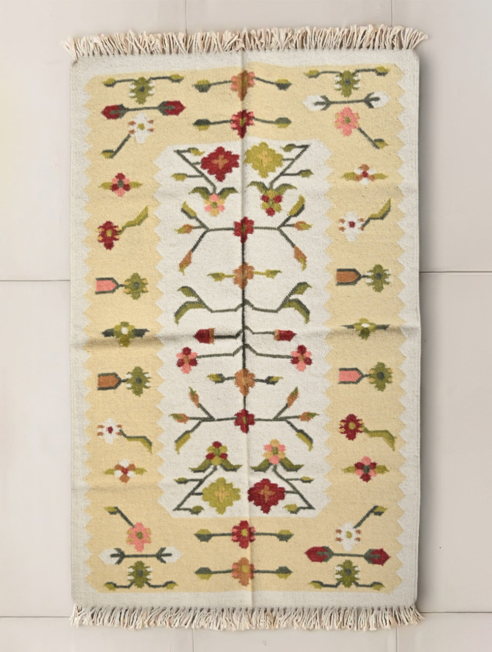 Exclusive Handmade Wool & Cotton Mirzapur Dhurrie Rug - Sunlit Flora