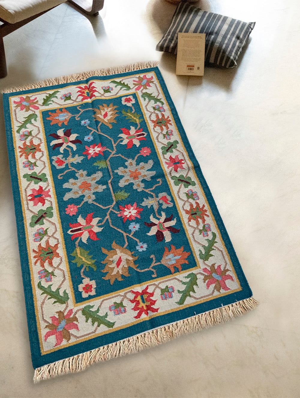 Exclusive Handmade Wool & Cotton Mirzapur Dhurrie Rug - Indigo Garden