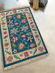 Exclusive Handmade Wool & Cotton Mirzapur Dhurrie Rug - Indigo Garden
