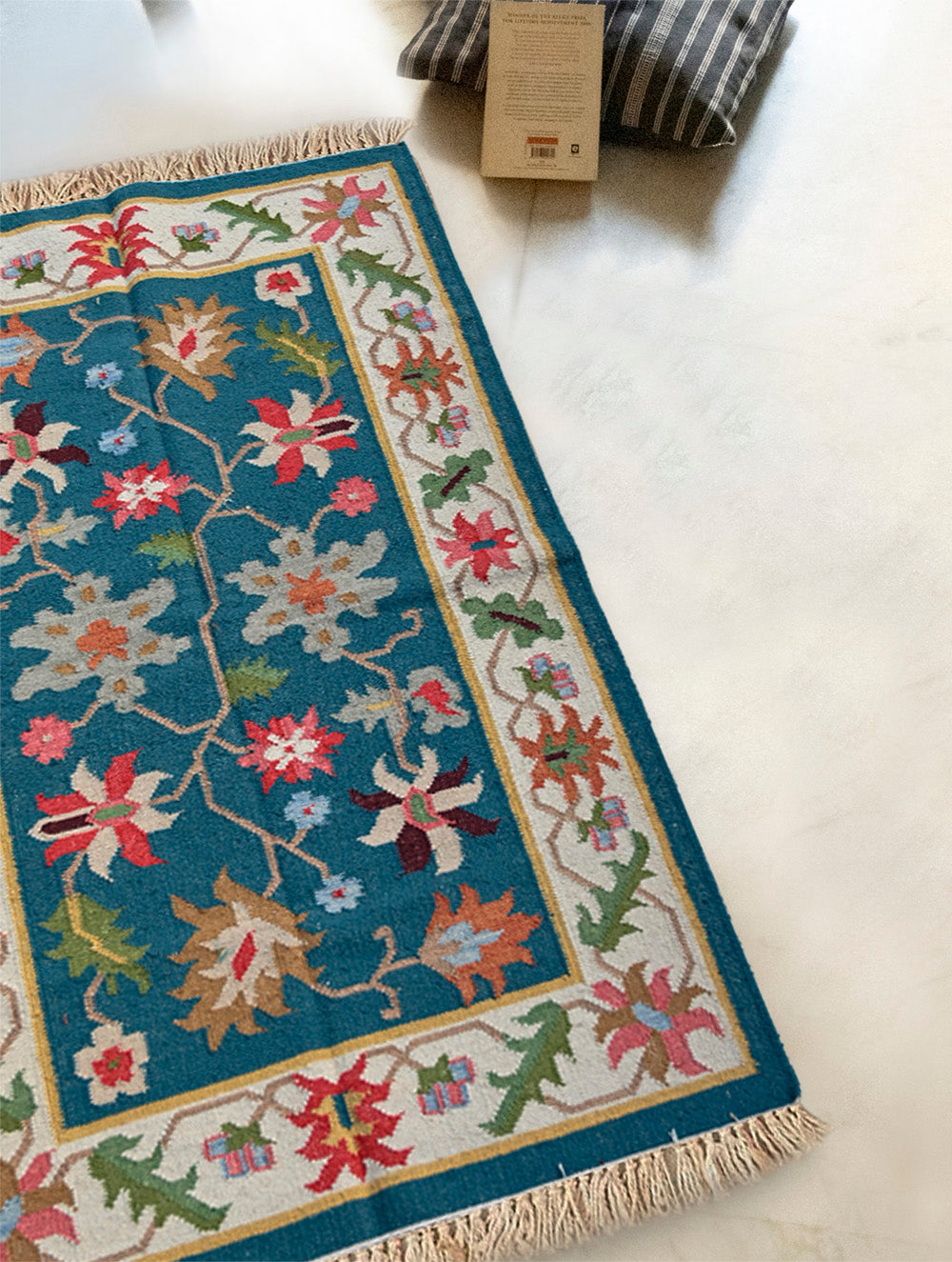 Exclusive Handmade Wool & Cotton Mirzapur Dhurrie Rug - Indigo Garden