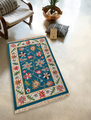 Exclusive Handmade Wool & Cotton Mirzapur Dhurrie Rug - Indigo Garden
