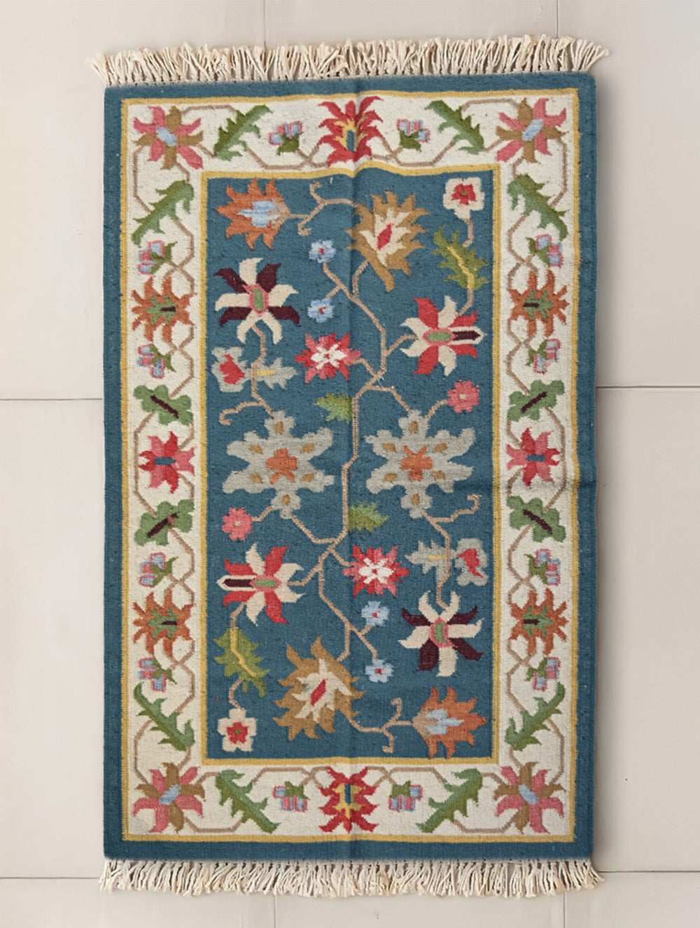 Exclusive Handmade Wool & Cotton Mirzapur Dhurrie Rug - Indigo Garden
