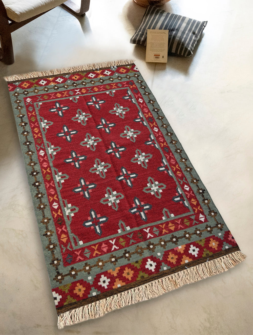 Exclusive Handmade Wool & Cotton Mirzapur Dhurrie Rug - Red Florets
