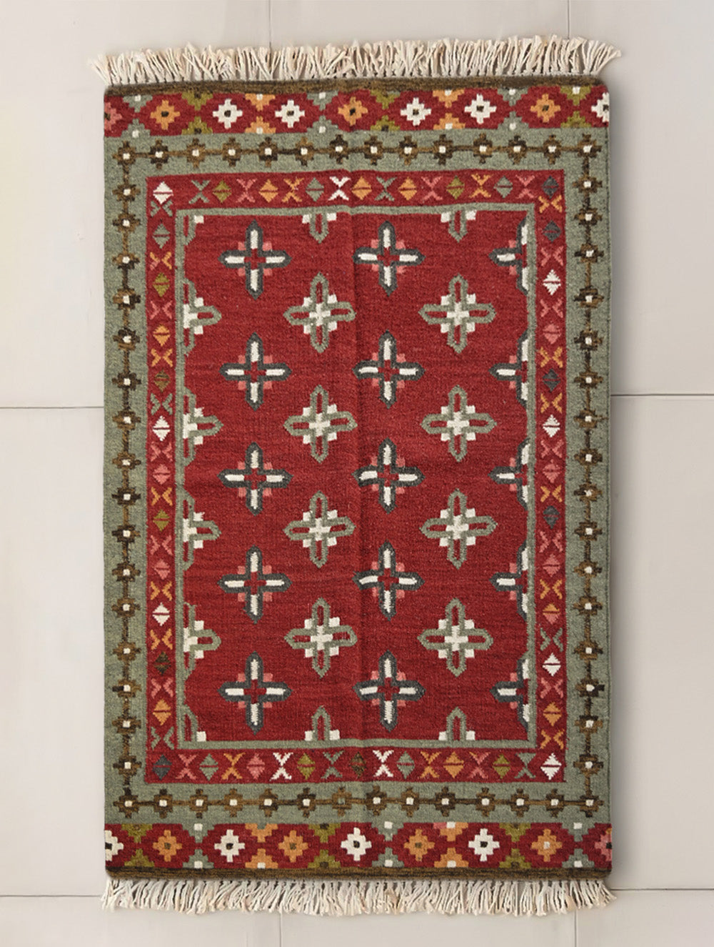 Exclusive Handmade Wool & Cotton Mirzapur Dhurrie Rug - Red Florets