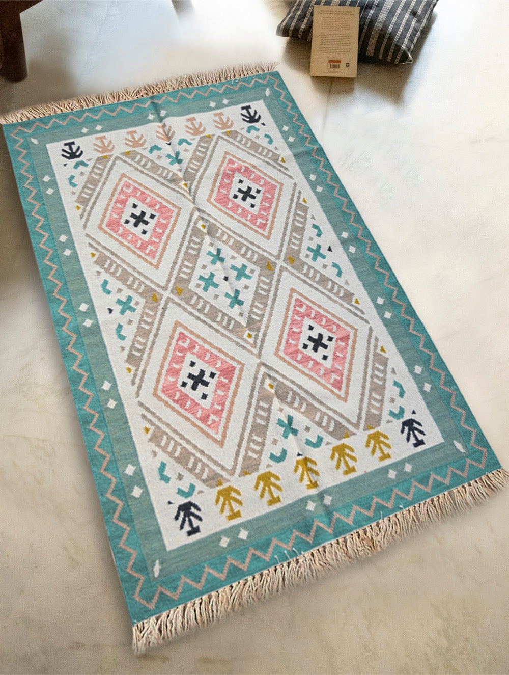 Exclusive Handmade Wool & Cotton Mirzapur Dhurrie Rug - Pastel Geometry