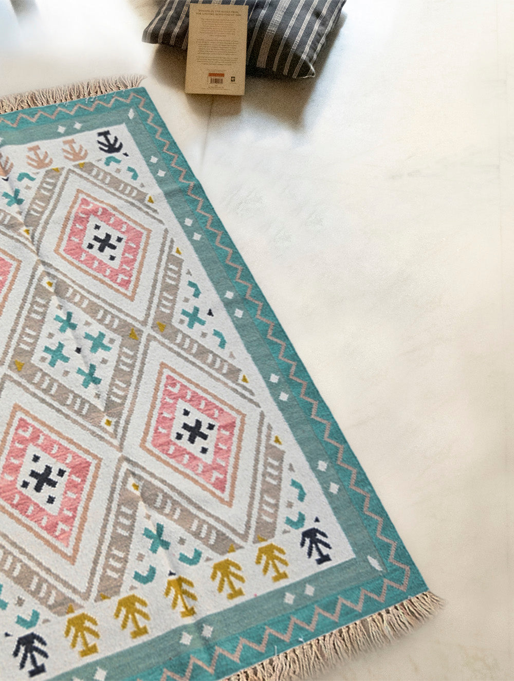 Exclusive Handmade Wool & Cotton Mirzapur Dhurrie Rug - Pastel Geometry