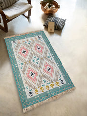 Exclusive Handmade Wool & Cotton Mirzapur Dhurrie Rug - Pastel Geometry