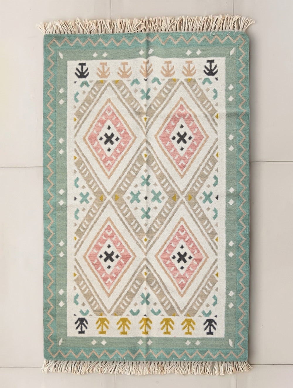 Exclusive Handmade Wool & Cotton Mirzapur Dhurrie Rug - Pastel Geometry